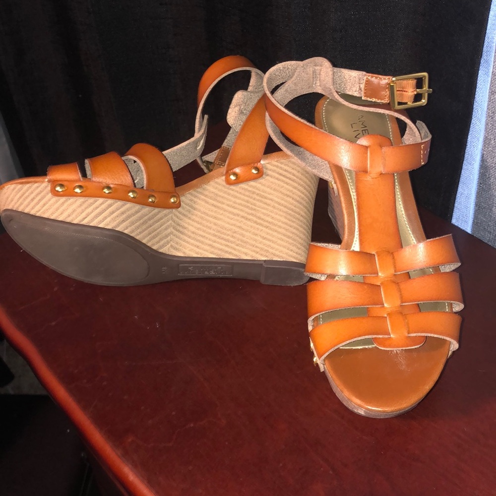 Payless American Living brown/gold wedge sandals.